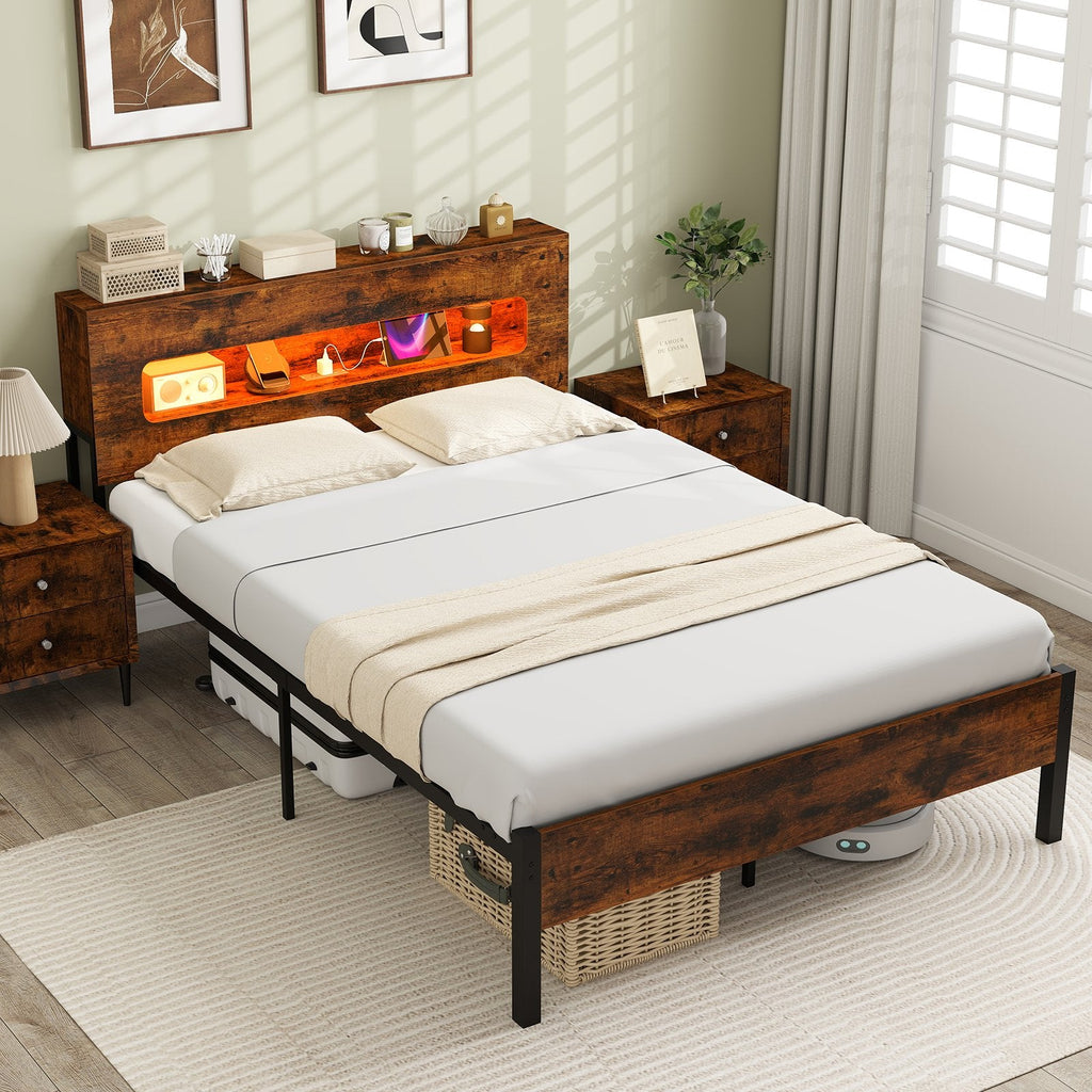 Full Metal Bed with LED Lights, Storage Headboard and Charging Station