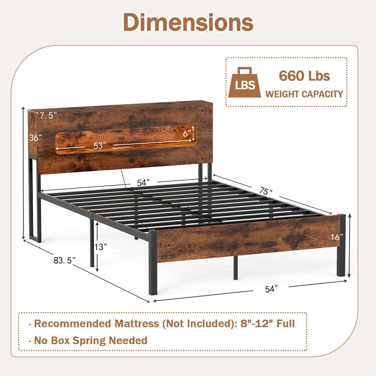 Full Metal Bed with LED Lights, Storage Headboard and Charging Station