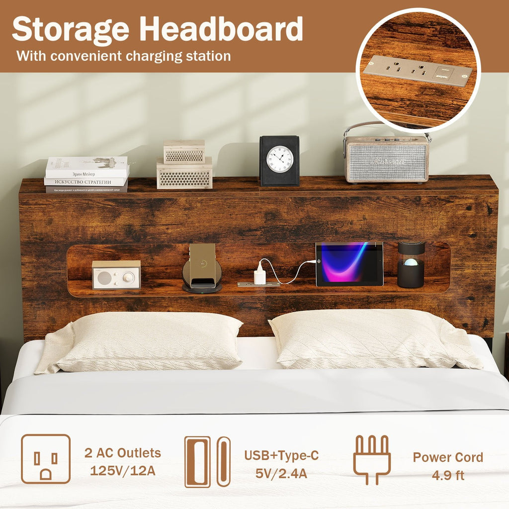 Full Metal Bed with LED Lights, Storage Headboard and Charging Station