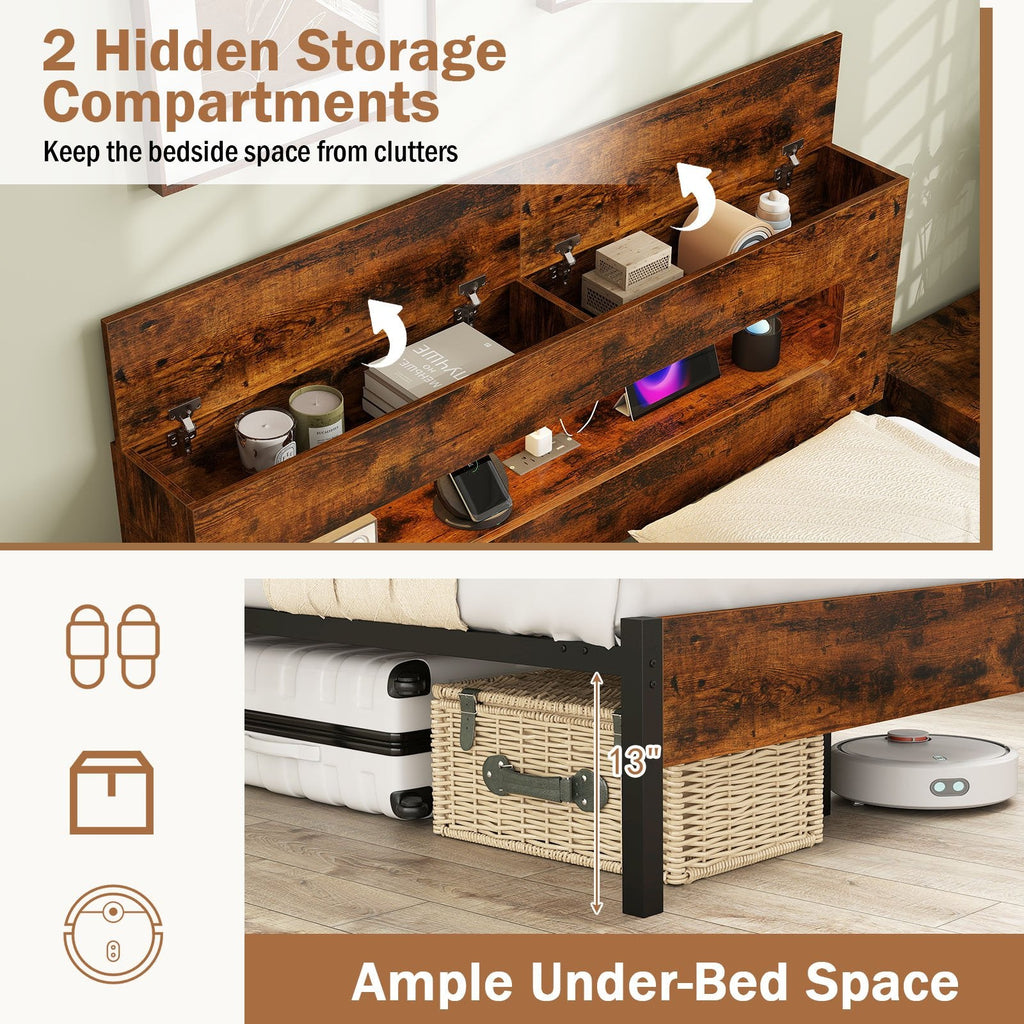 Full Metal Bed with LED Lights, Storage Headboard and Charging Station