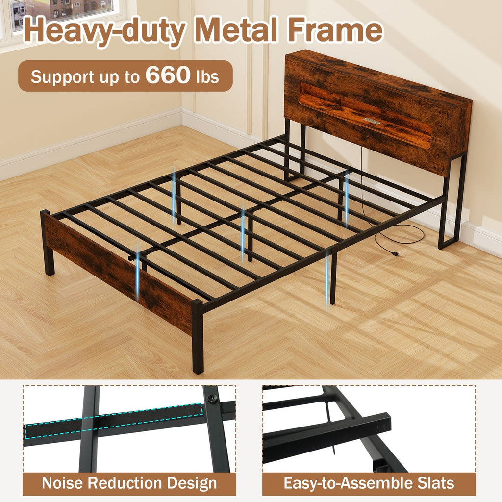 Full Metal Bed with LED Lights, Storage Headboard and Charging Station