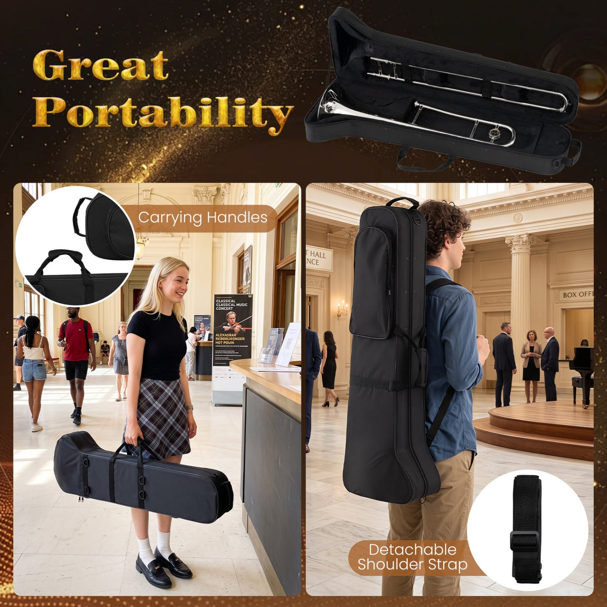 Slide Trombone for Beginners with Portable Case and Shoulder Strap-Silver