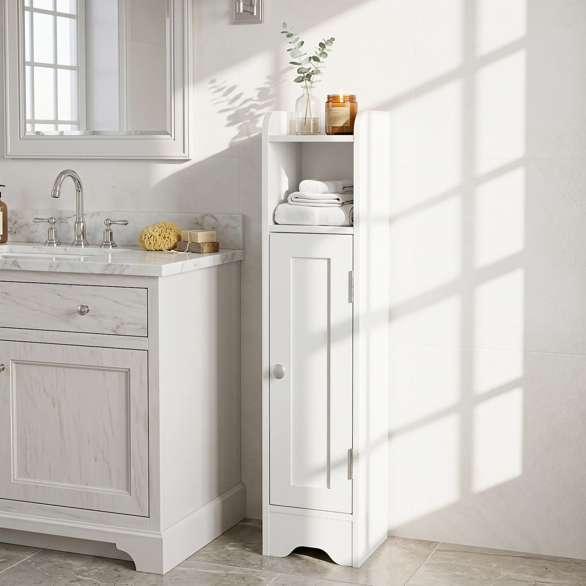 Slim Bathroom Cabinet Corner with 1 Door and Adjustable Shelves-White