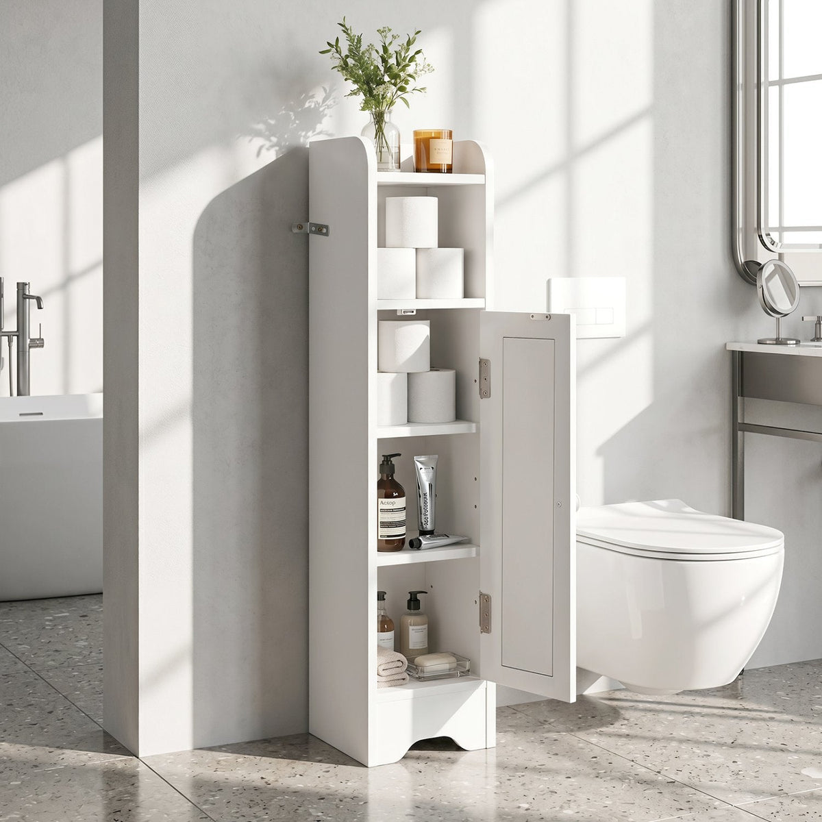 Slim Bathroom Cabinet Corner with 1 Door and Adjustable Shelves-White