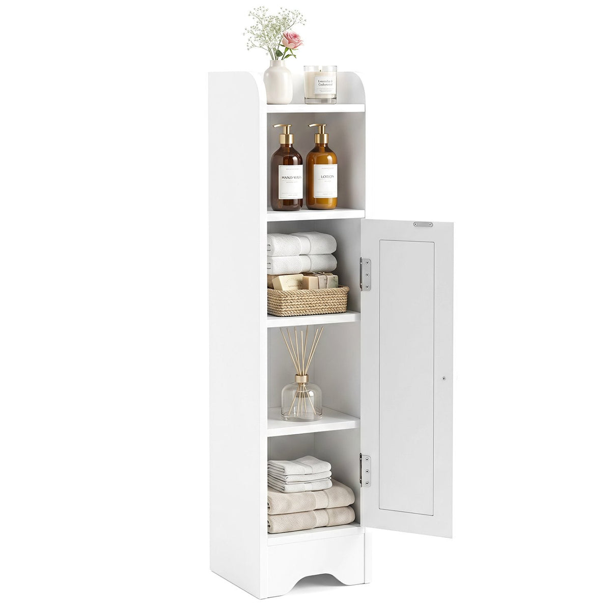Slim Bathroom Cabinet Corner with 1 Door and Adjustable Shelves-White