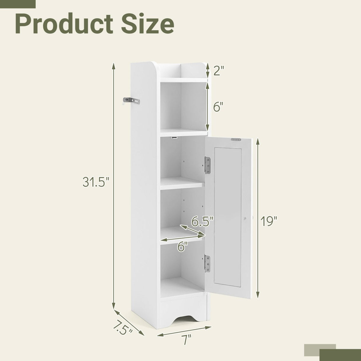 Slim Bathroom Cabinet Corner with 1 Door and Adjustable Shelves-White