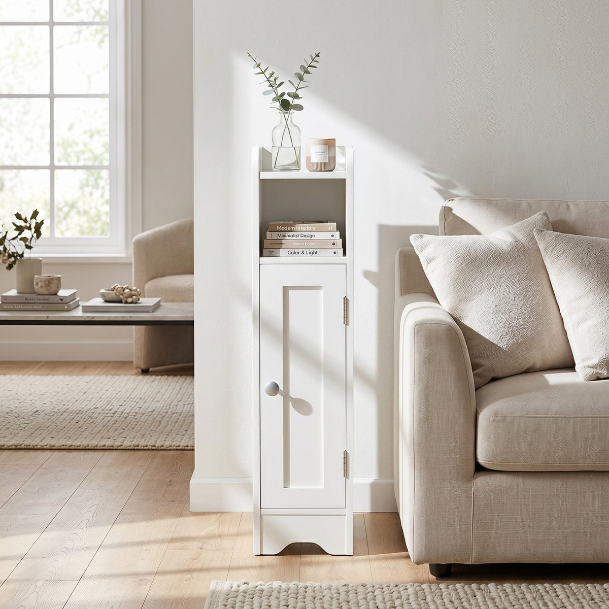 Slim Bathroom Cabinet Corner with 1 Door and Adjustable Shelves-White