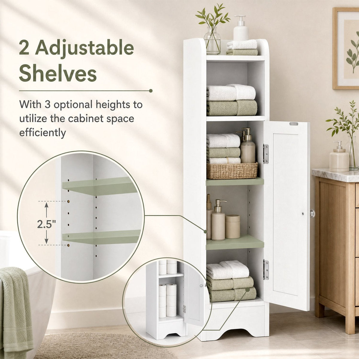 Slim Bathroom Cabinet Corner with 1 Door and Adjustable Shelves-White
