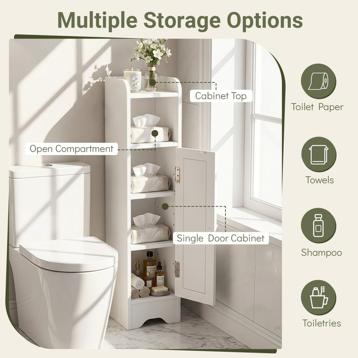 Slim Bathroom Cabinet Corner with 1 Door and Adjustable Shelves-White