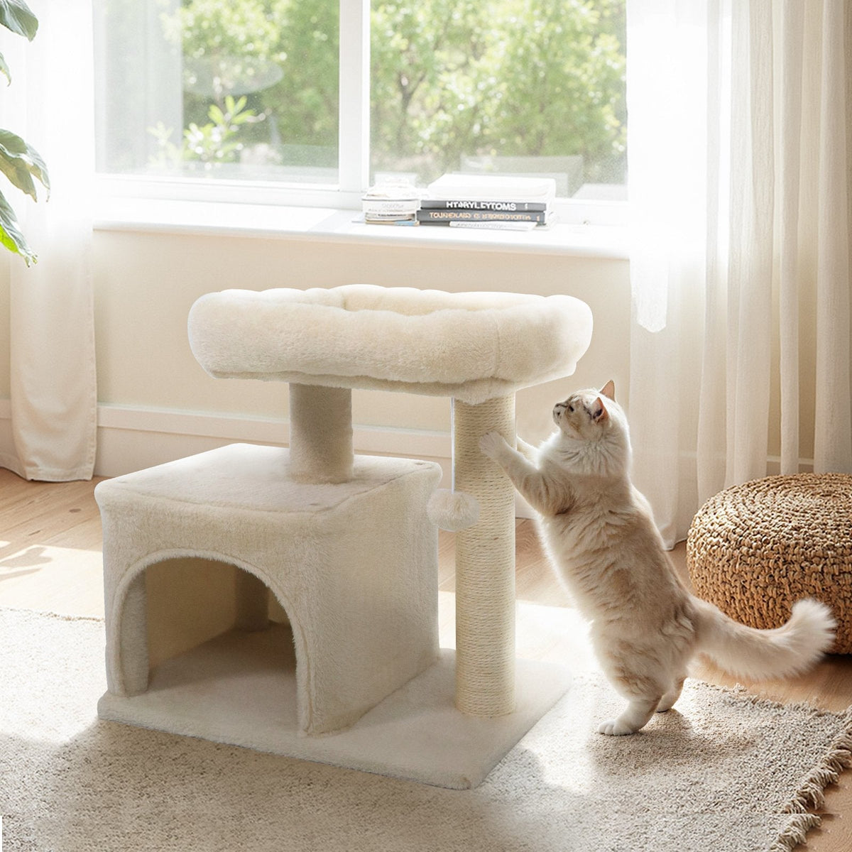 Small Beige Cat Tree 19.5 Inches with a Condo and a Padded Perch Bed