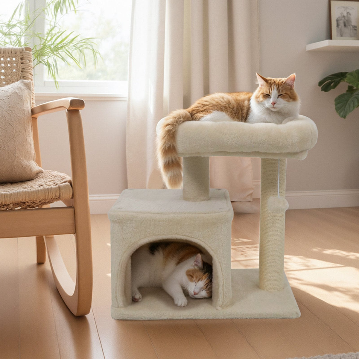 Small Beige Cat Tree 19.5 Inches with a Condo and a Padded Perch Bed