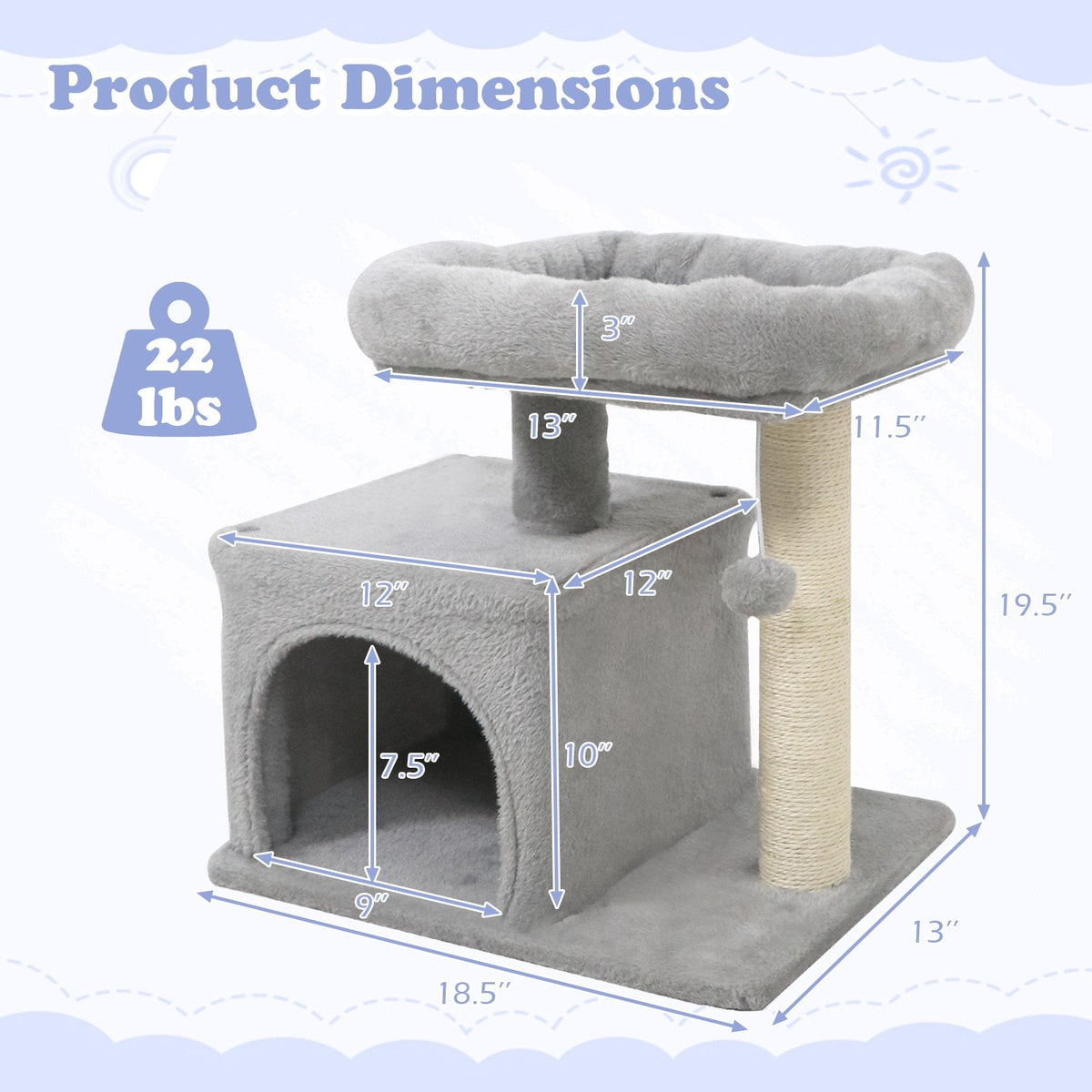 Light Grey Cat Tree 19.5 Inches for Kittens and Older Cats