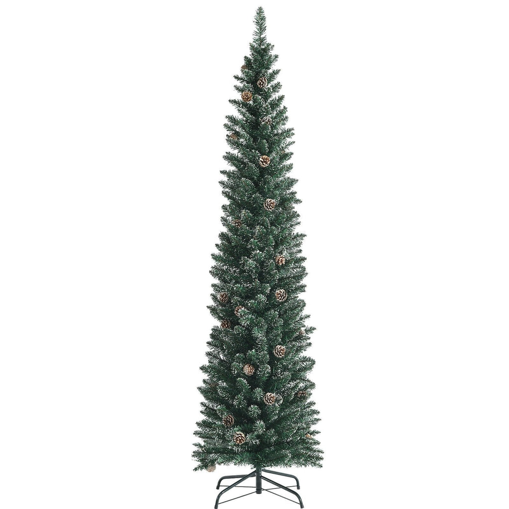 7 FT Snowy Pencil Christmas Tree, 351 Branches and 41 Pine Cones, 1.8 FT Wide