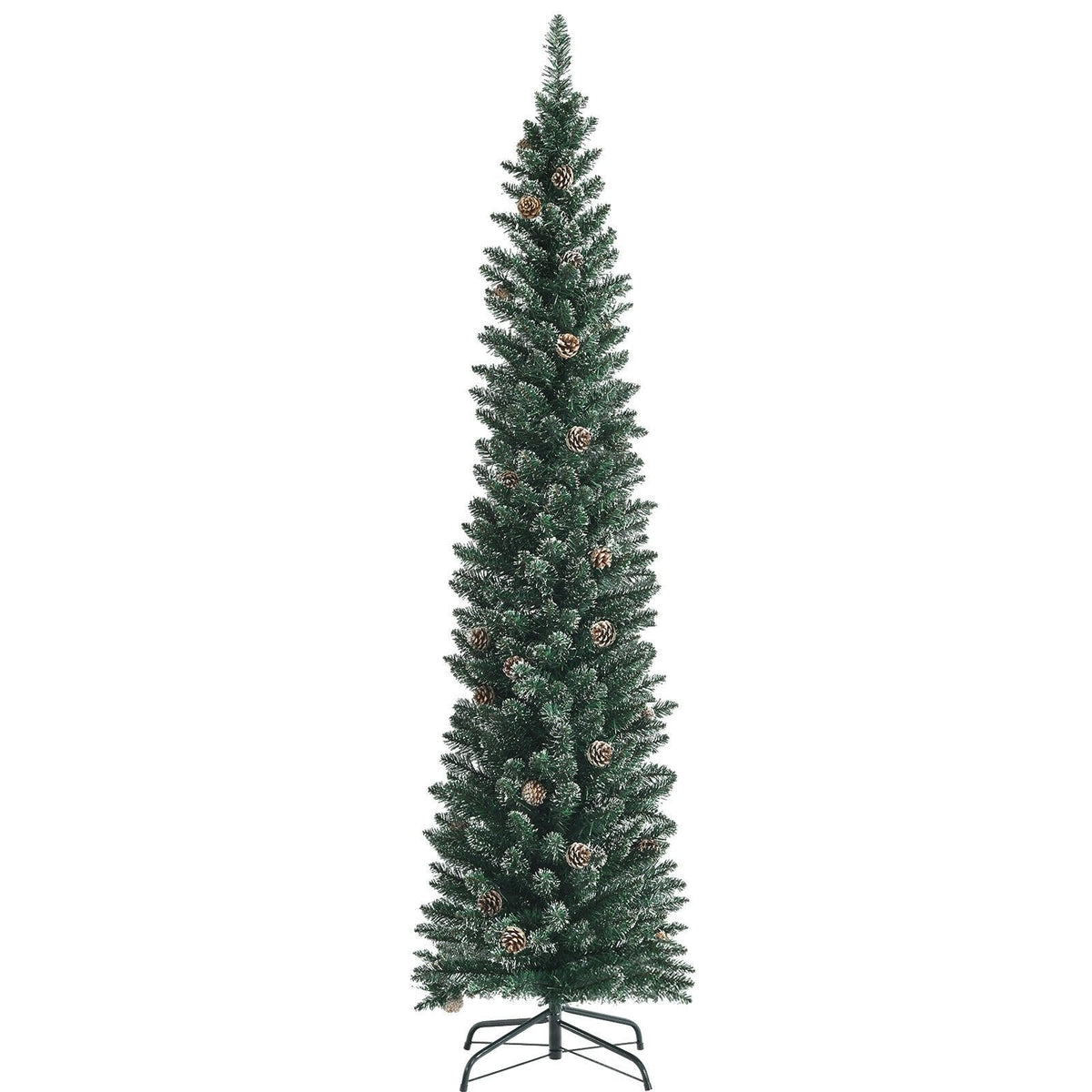 7 FT Snowy Pencil Christmas Tree, 351 Branches and 41 Pine Cones, 1.8 FT Wide