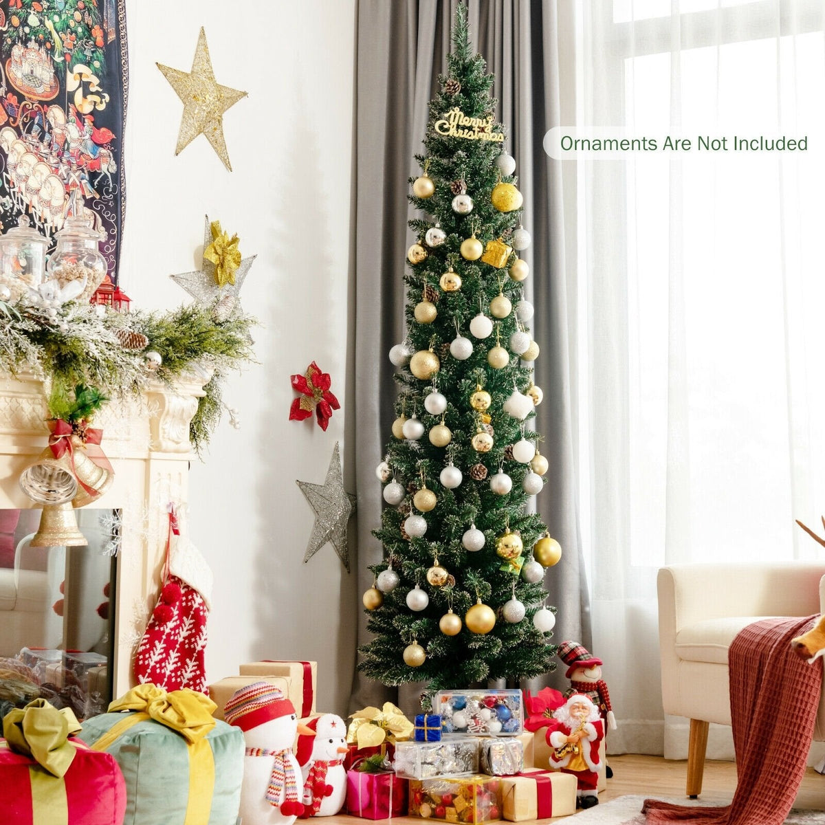 7 FT Snowy Pencil Christmas Tree, 351 Branches and 41 Pine Cones, 1.8 FT Wide