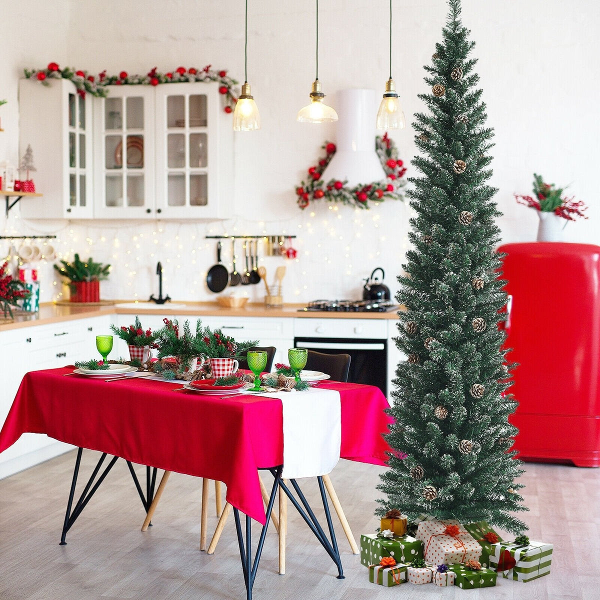 7 FT Snowy Pencil Christmas Tree, 351 Branches and 41 Pine Cones, 1.8 FT Wide