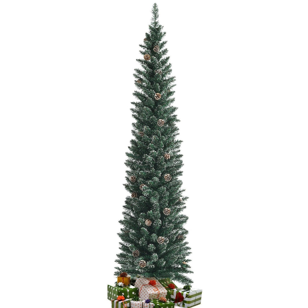 7 FT Snowy Pencil Christmas Tree, 351 Branches and 41 Pine Cones, 1.8 FT Wide