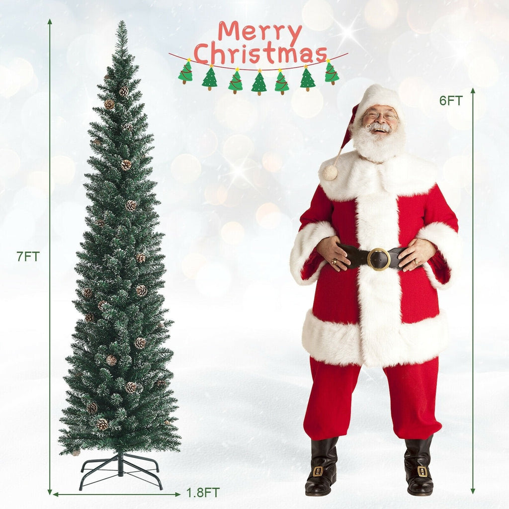 7 FT Snowy Pencil Christmas Tree, 351 Branches and 41 Pine Cones, 1.8 FT Wide
