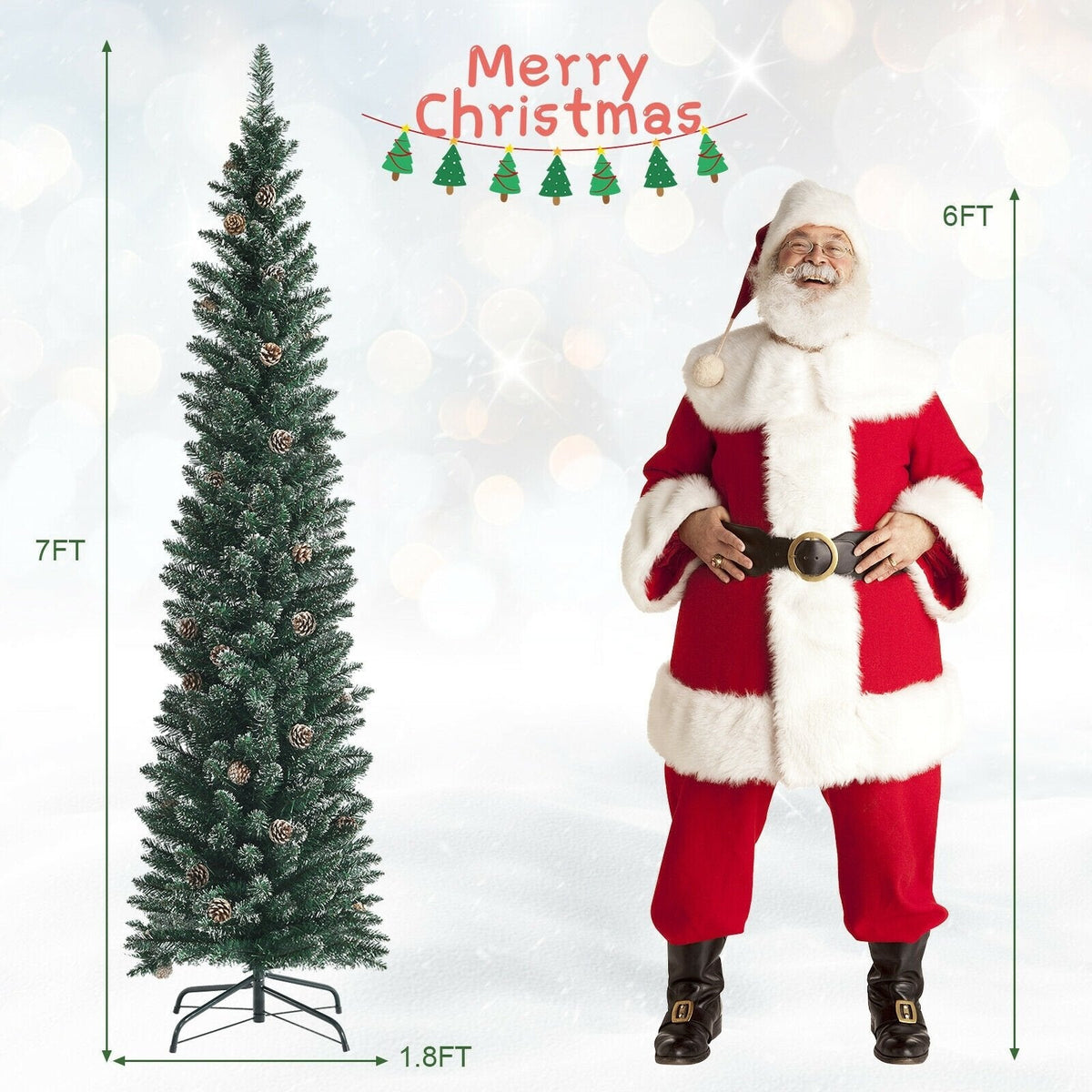 7 FT Snowy Pencil Christmas Tree, 351 Branches and 41 Pine Cones, 1.8 FT Wide
