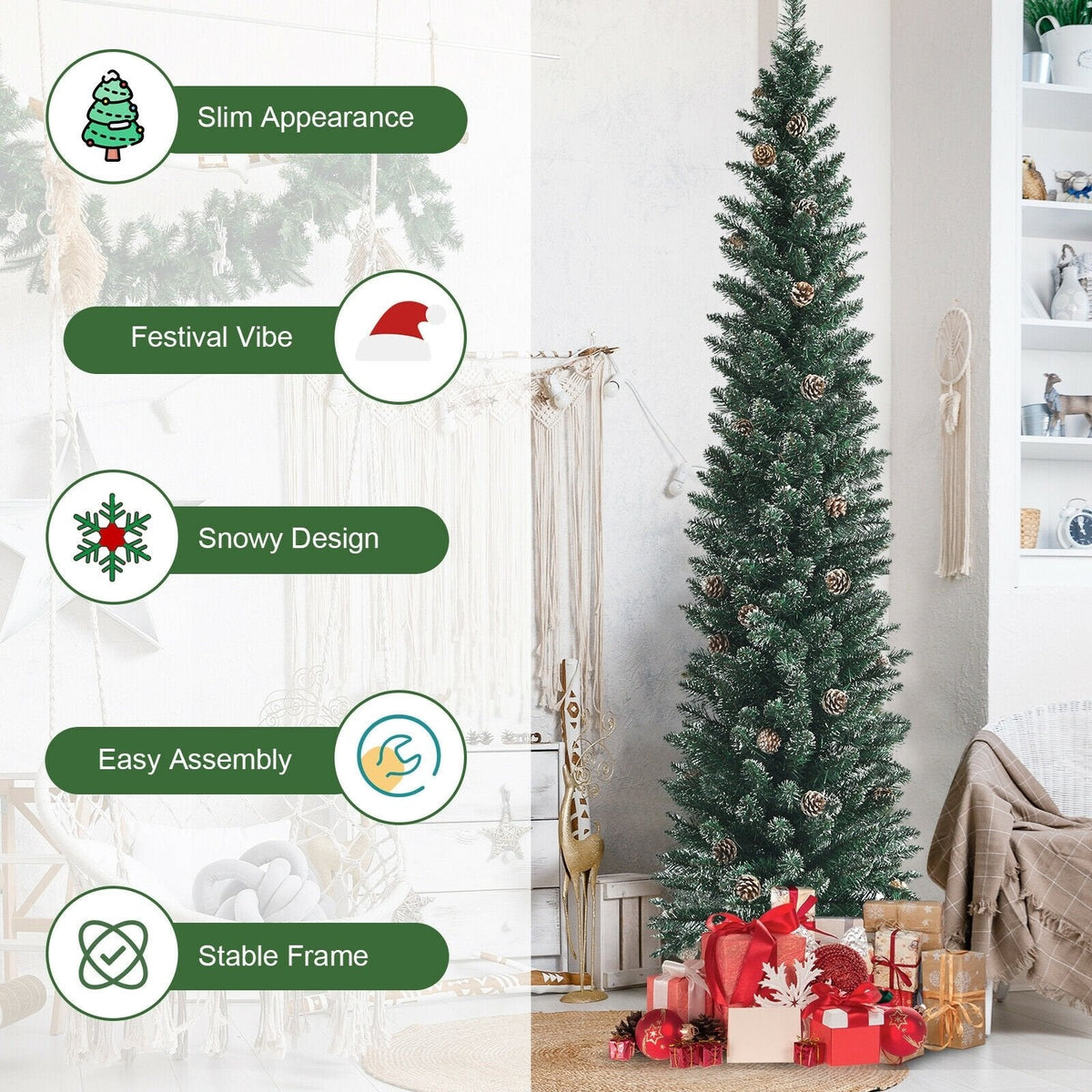 7 FT Snowy Pencil Christmas Tree, 351 Branches and 41 Pine Cones, 1.8 FT Wide