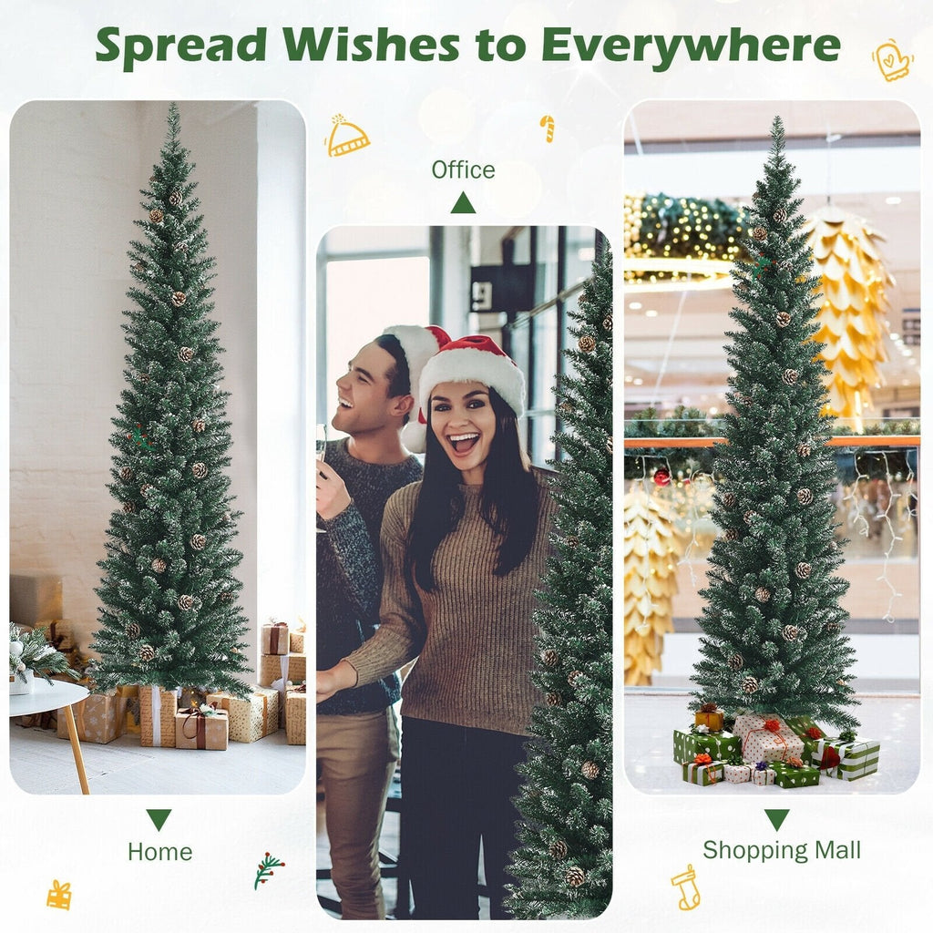 7 FT Snowy Pencil Christmas Tree, 351 Branches and 41 Pine Cones, 1.8 FT Wide