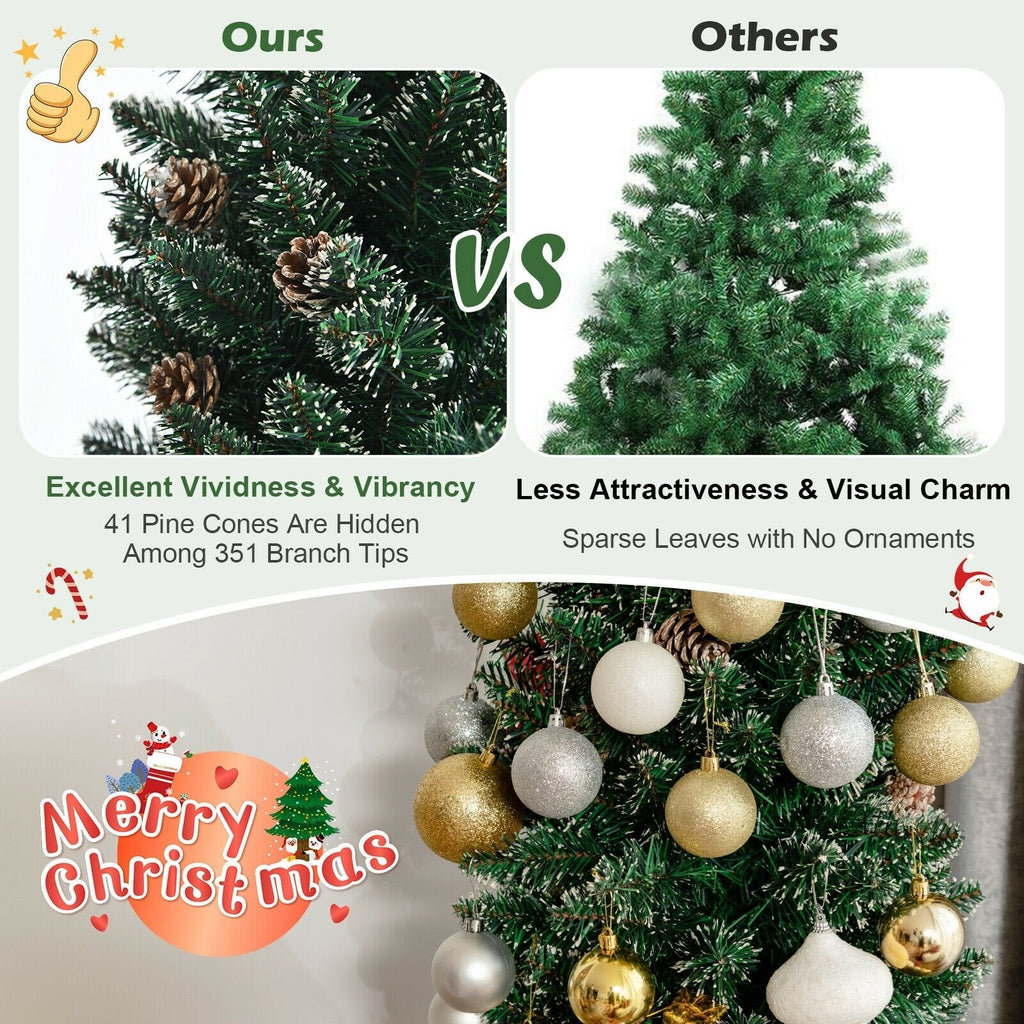7 FT Snowy Pencil Christmas Tree, 351 Branches and 41 Pine Cones, 1.8 FT Wide