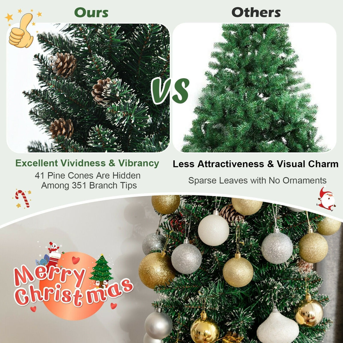 7 FT Snowy Pencil Christmas Tree, 351 Branches and 41 Pine Cones, 1.8 FT Wide