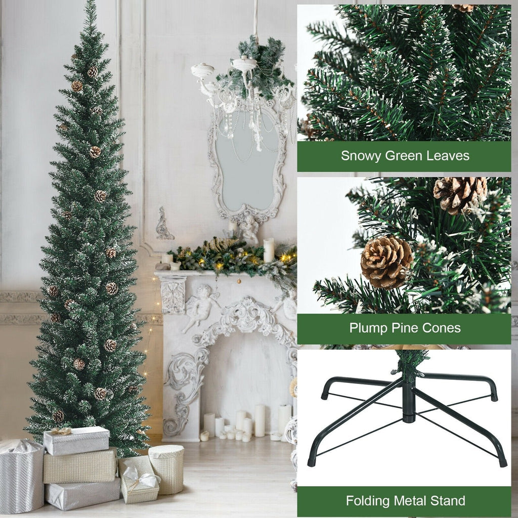 7 FT Snowy Pencil Christmas Tree, 351 Branches and 41 Pine Cones, 1.8 FT Wide