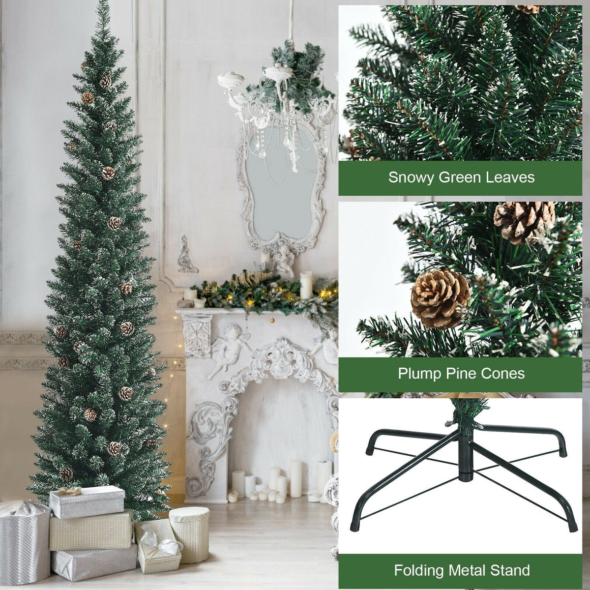 7 FT Snowy Pencil Christmas Tree, 351 Branches and 41 Pine Cones, 1.8 FT Wide