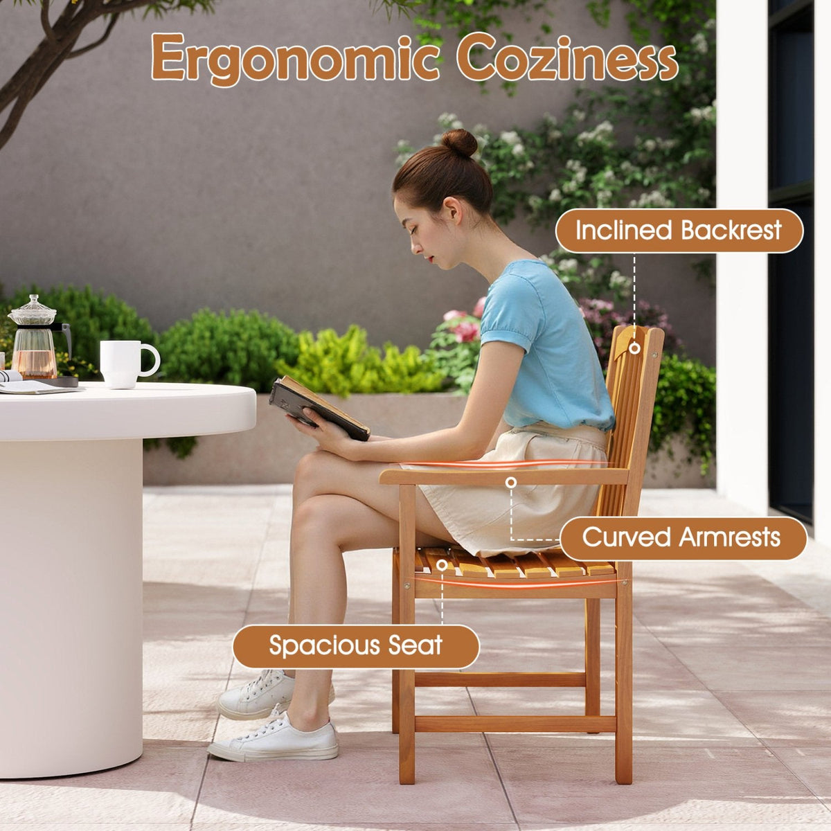 Solid Acacia Wood Patio Chairs Set of 2 with Slatted Seat and Inclined Backrest for Porch
