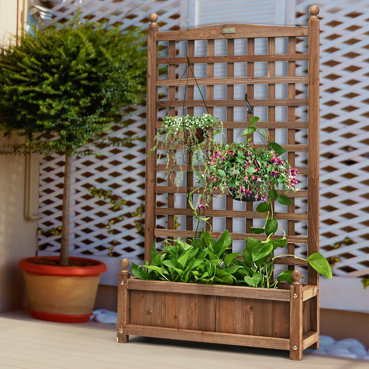Free Standing Wood Planter Box with Trellis, 48 Inch Fir Raised Bed for Climbing Plants