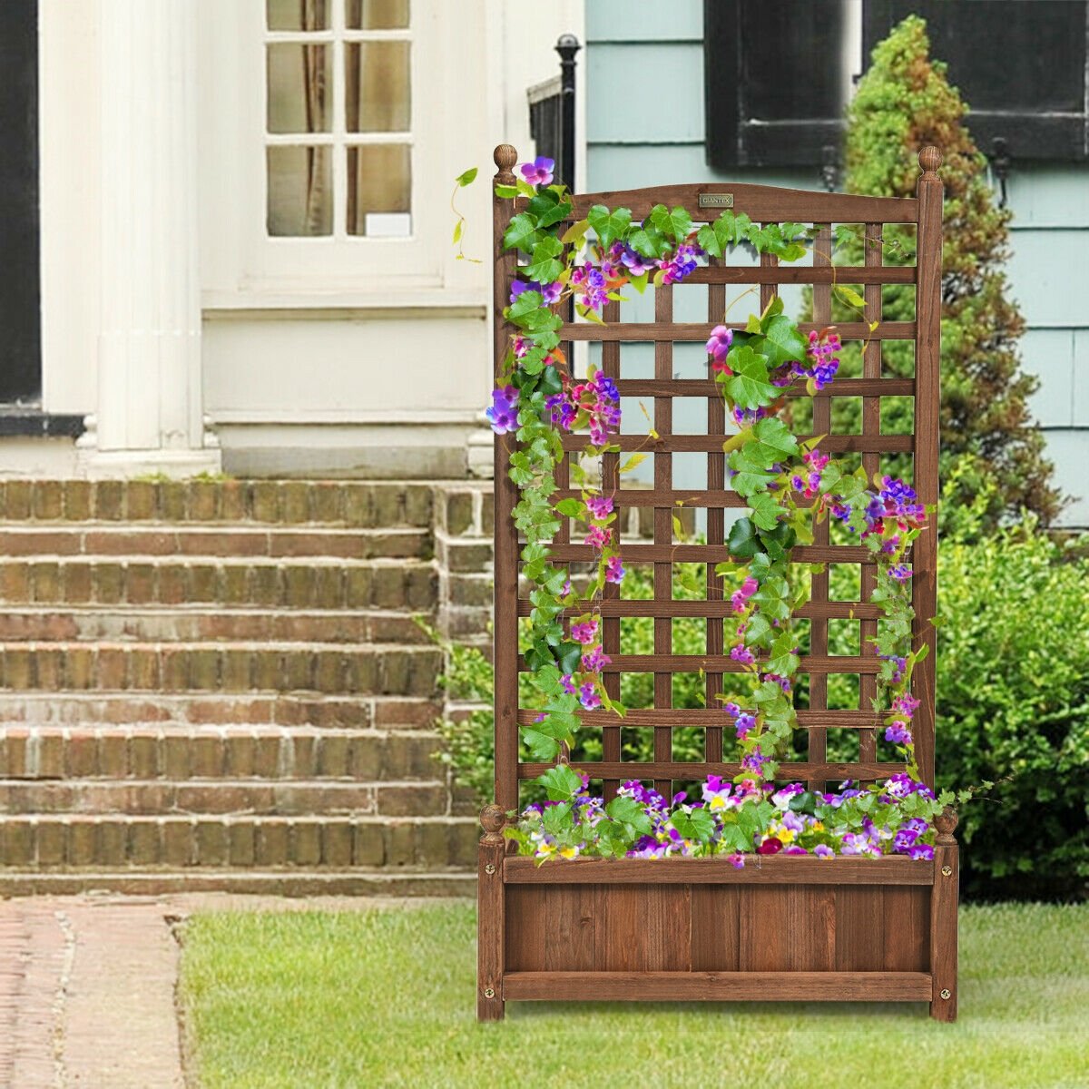 Free Standing Wood Planter Box with Trellis, 48 Inch Fir Raised Bed for Climbing Plants