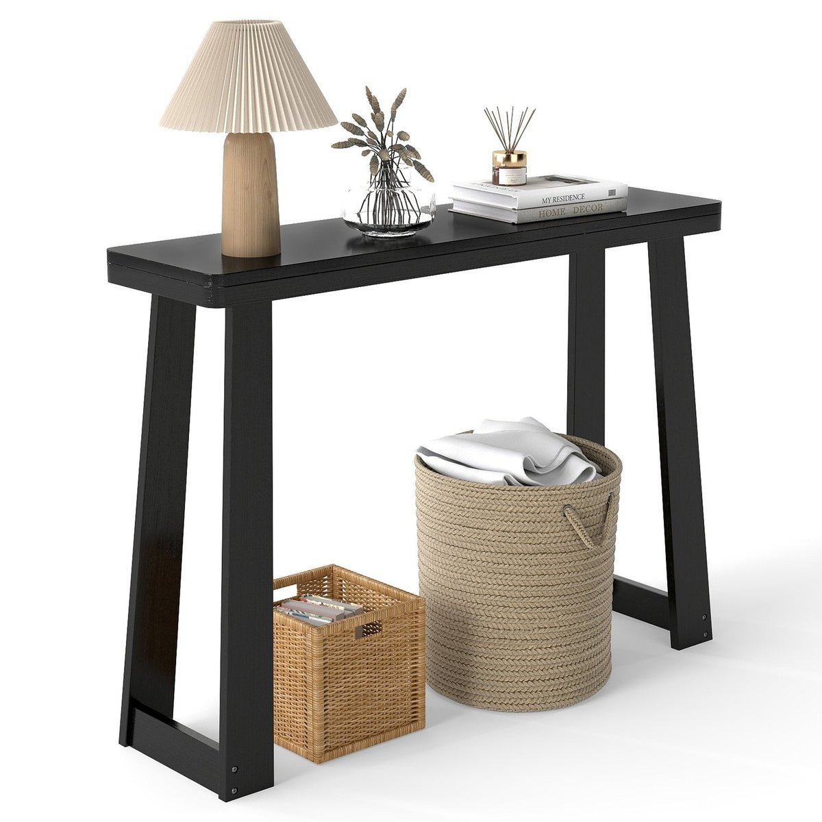 Solid Rubber Wood Console Table 43inch Narrow Entryway Table with Thick Tabletop and Stable Base-Black