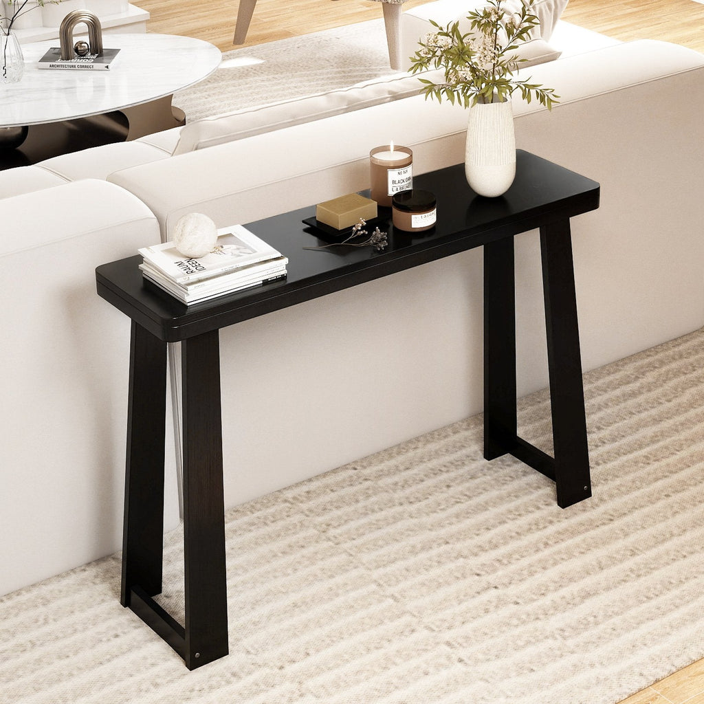 Solid Rubber Wood Console Table 43inch Narrow Entryway Table with Thick Tabletop and Stable Base-Black