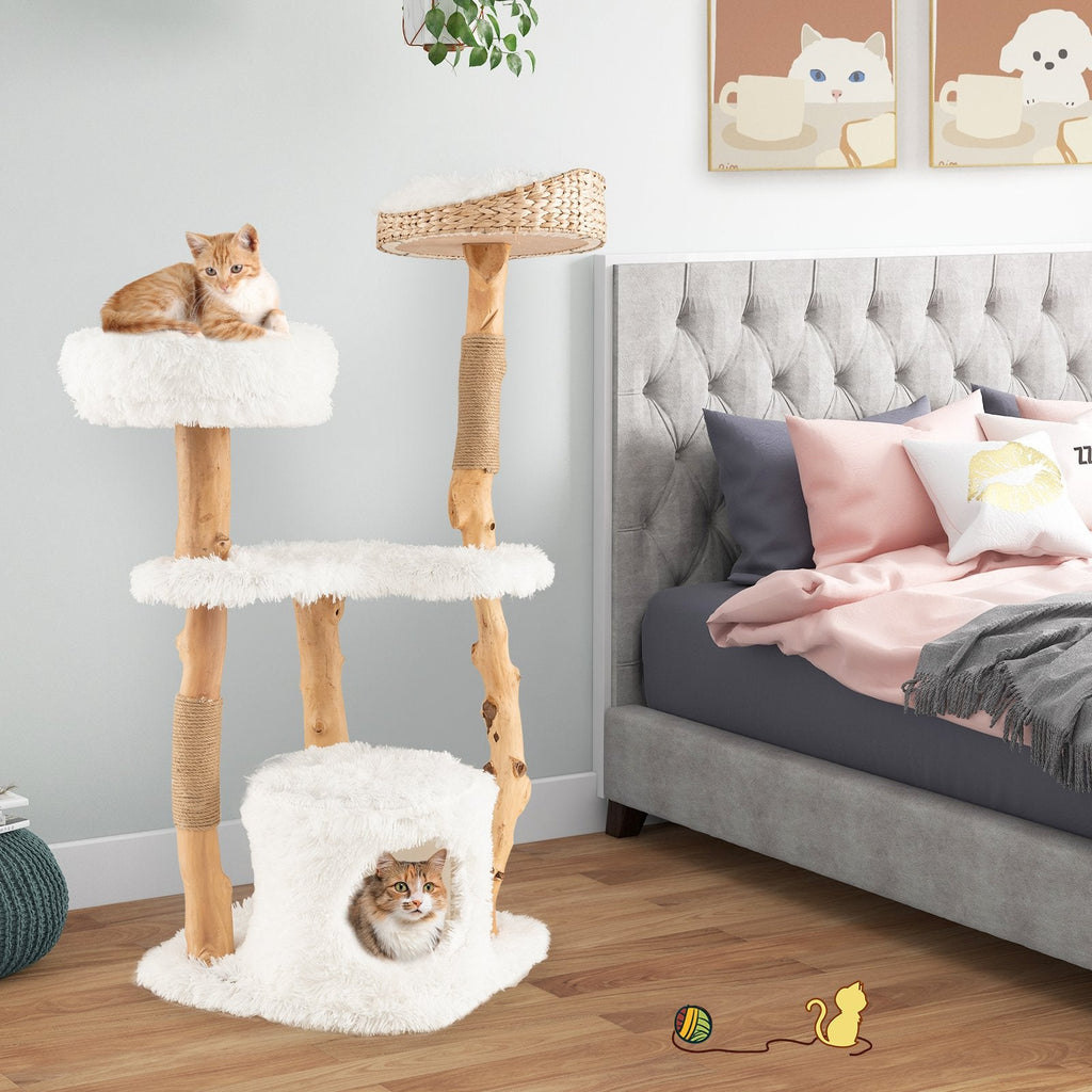 49 Inch Pear Wood Cat Tower with a Hand Woven Cattail Top Basket