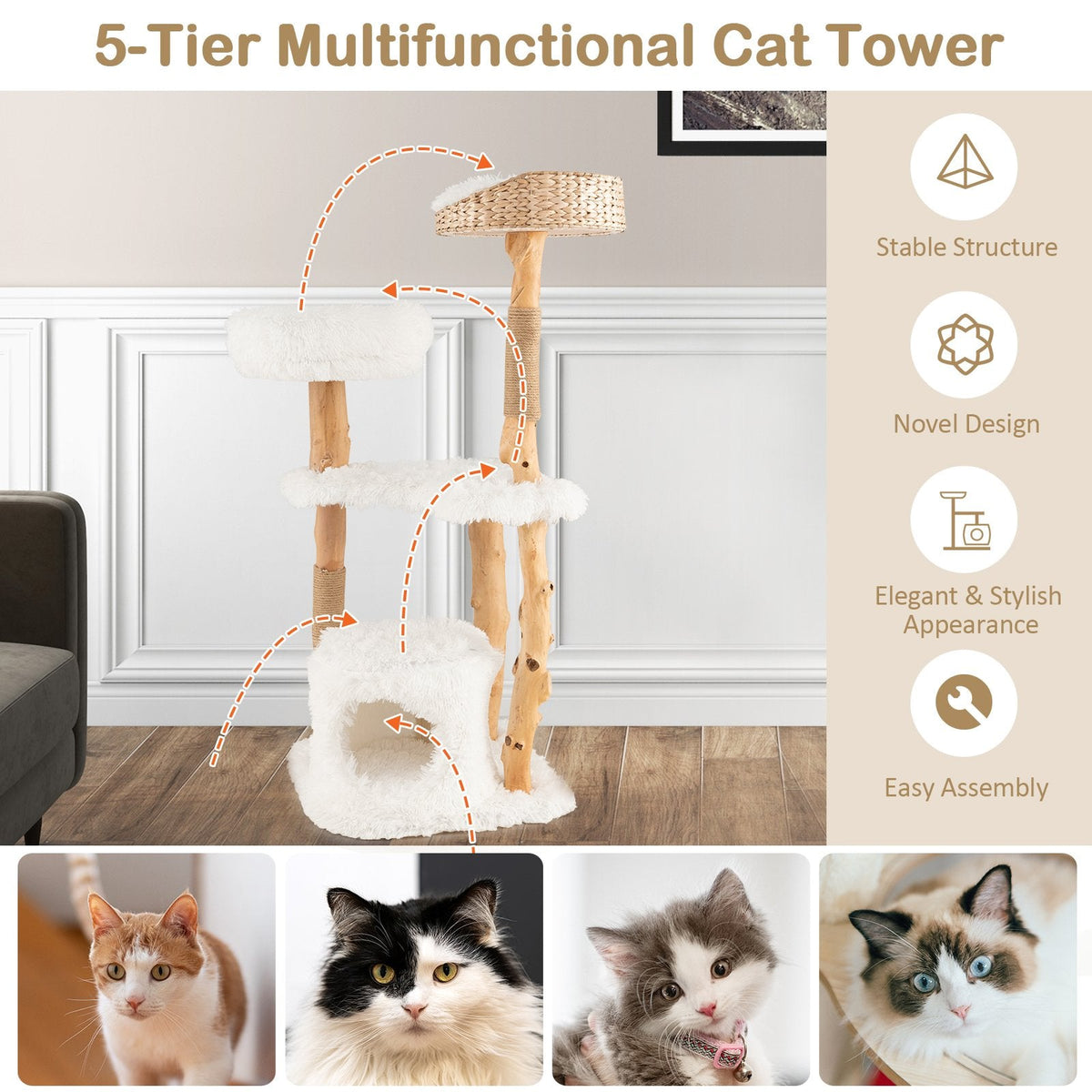 49 Inch Pear Wood Cat Tower with a Hand Woven Cattail Top Basket