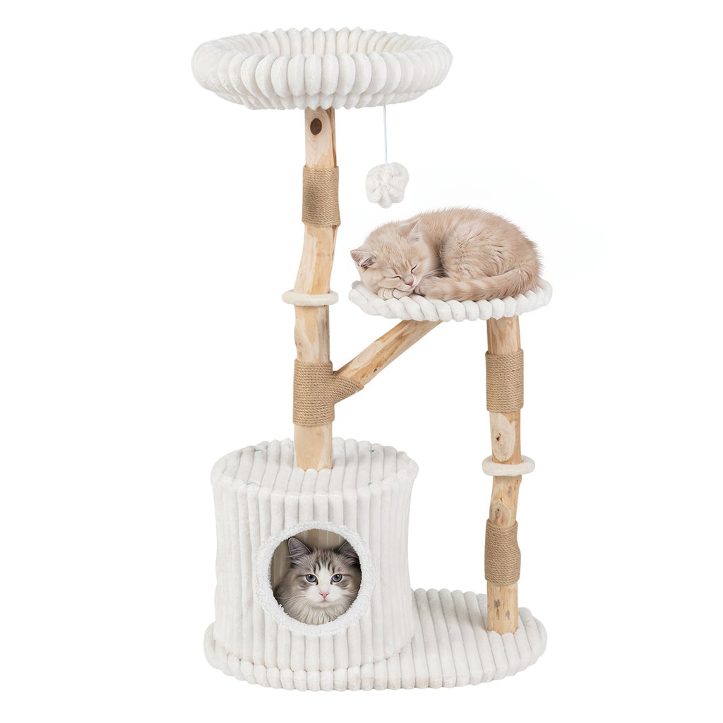 41 Inch Cat Tree with Ribbed Cream Plush and Real Pear Wood Branches