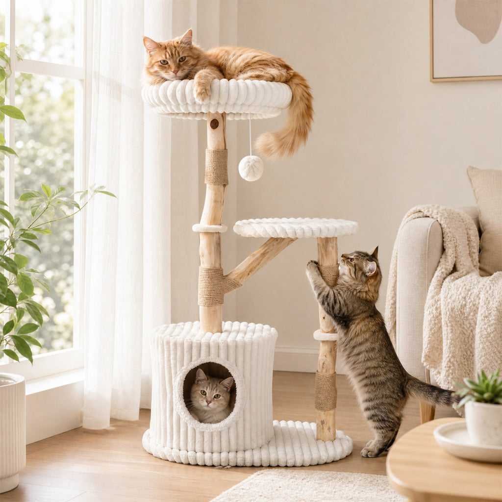 41 Inch Cat Tree with Ribbed Cream Plush and Real Pear Wood Branches
