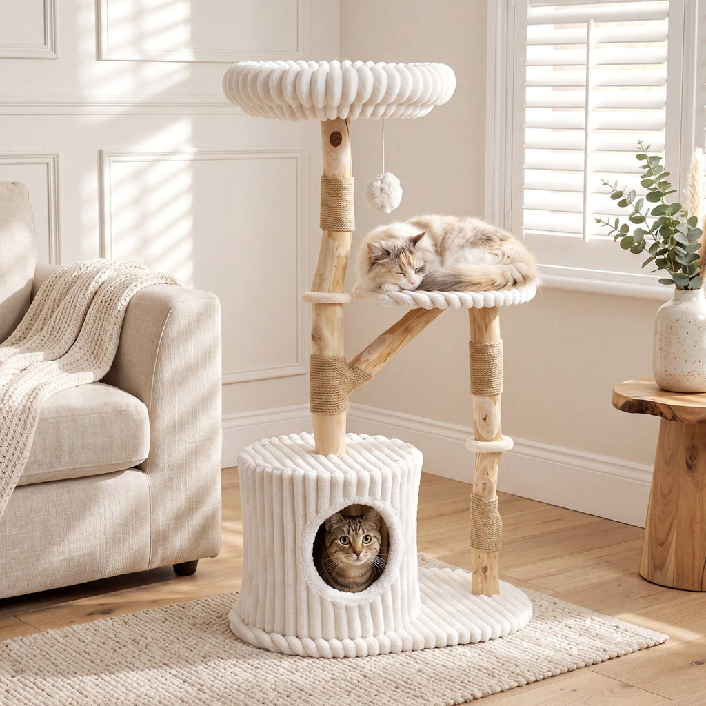 41 Inch Cat Tree with Ribbed Cream Plush and Real Pear Wood Branches