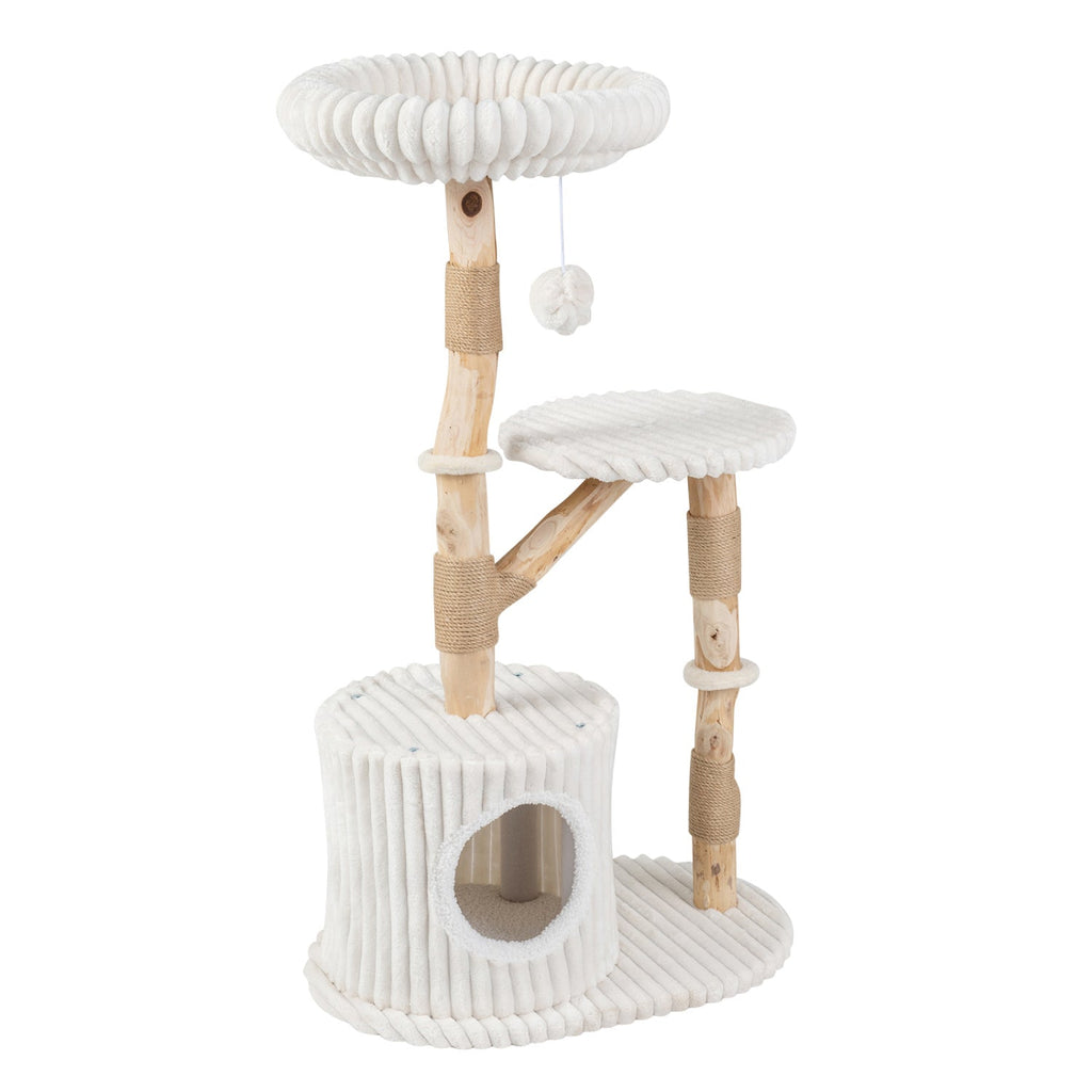 41 Inch Cat Tree with Ribbed Cream Plush and Real Pear Wood Branches