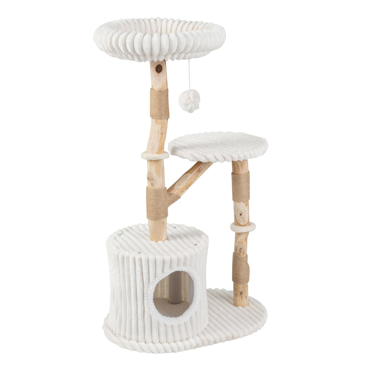 41 Inch Cat Tree with Ribbed Cream Plush and Real Pear Wood Branches