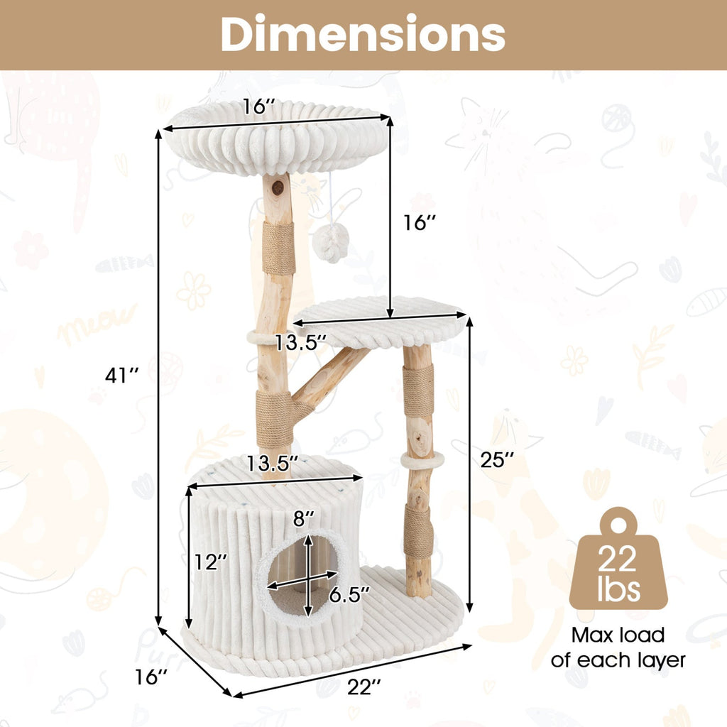 41 Inch Cat Tree with Ribbed Cream Plush and Real Pear Wood Branches