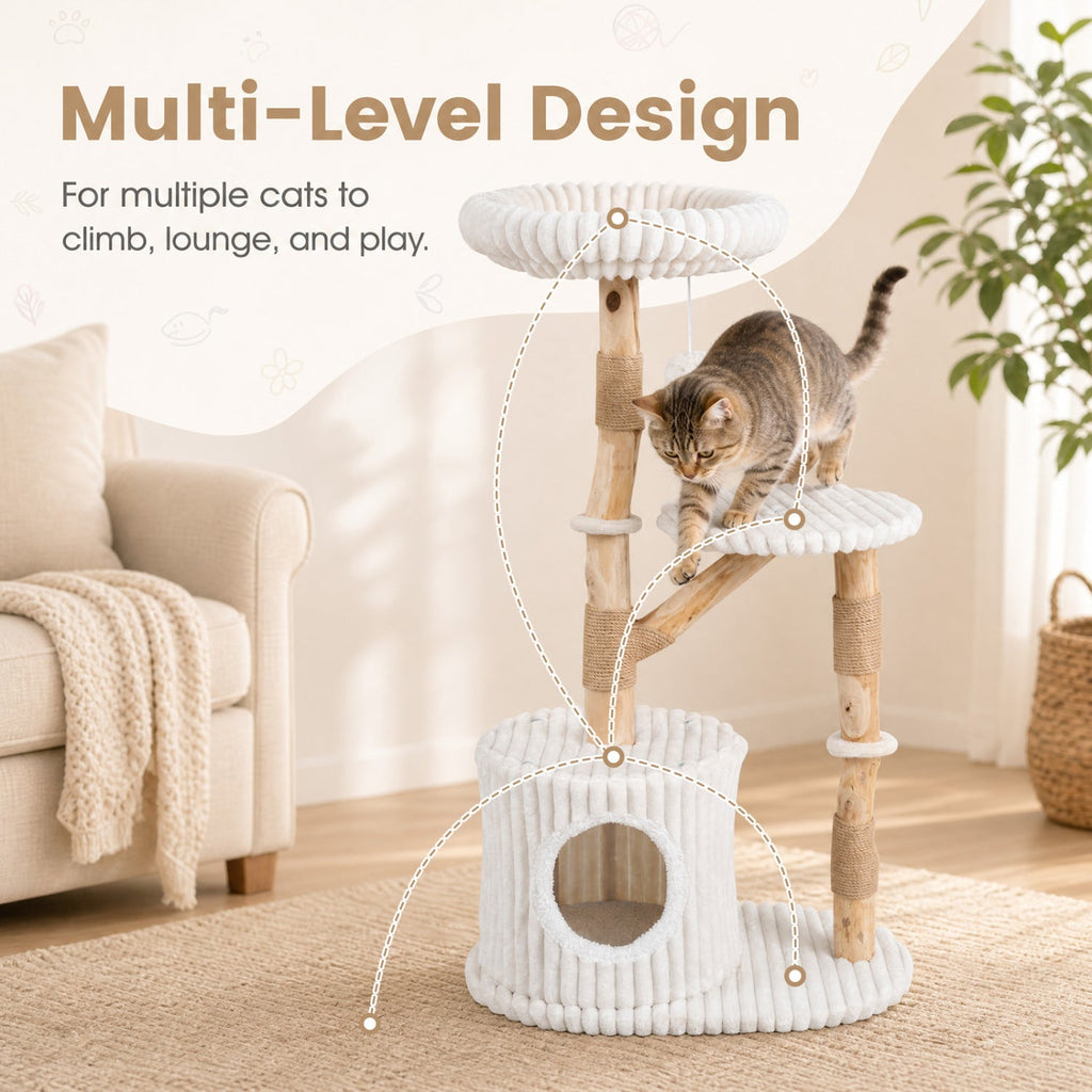 41 Inch Cat Tree with Ribbed Cream Plush and Real Pear Wood Branches