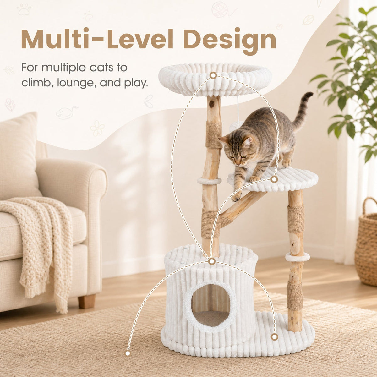 41 Inch Cat Tree with Ribbed Cream Plush and Real Pear Wood Branches