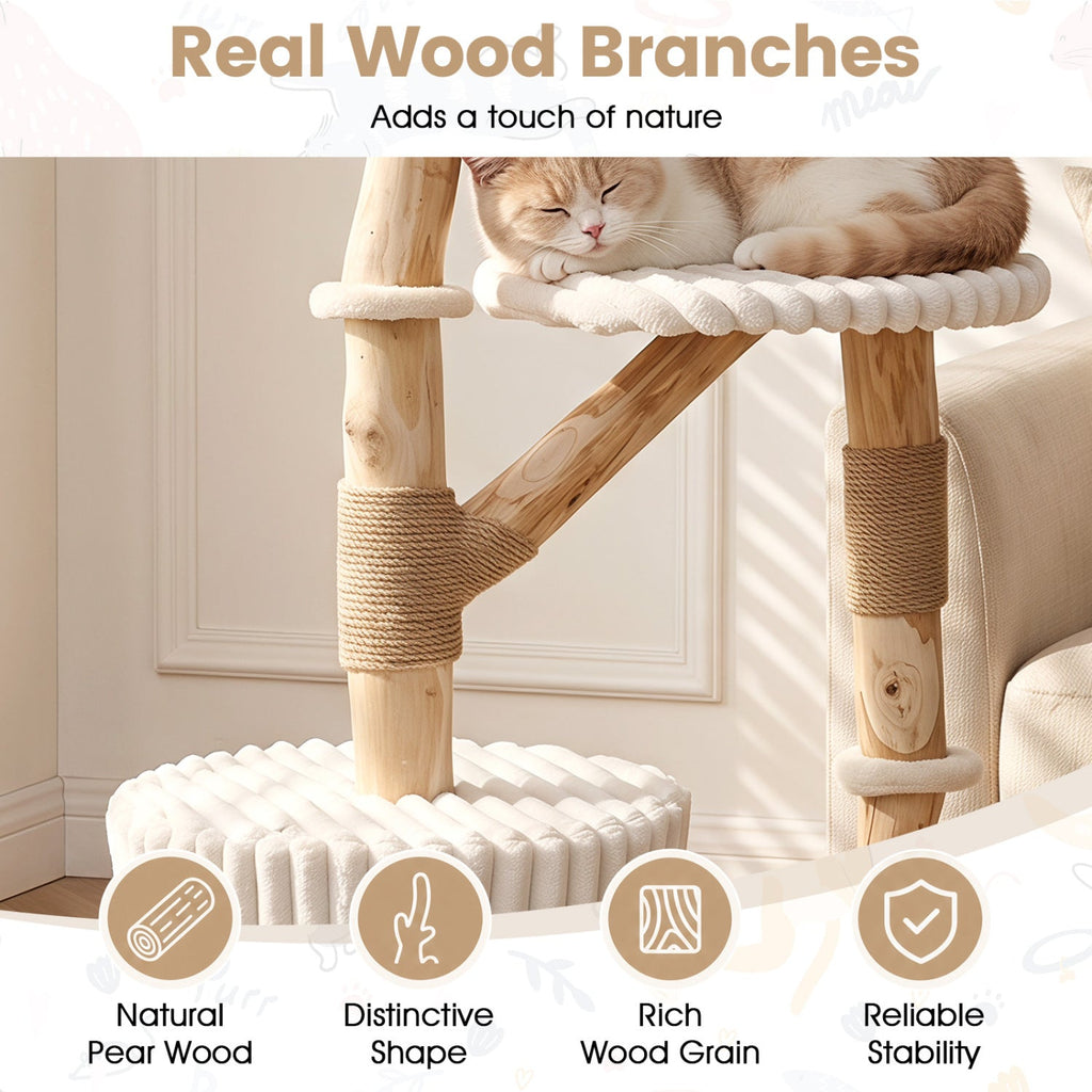 41 Inch Cat Tree with Ribbed Cream Plush and Real Pear Wood Branches