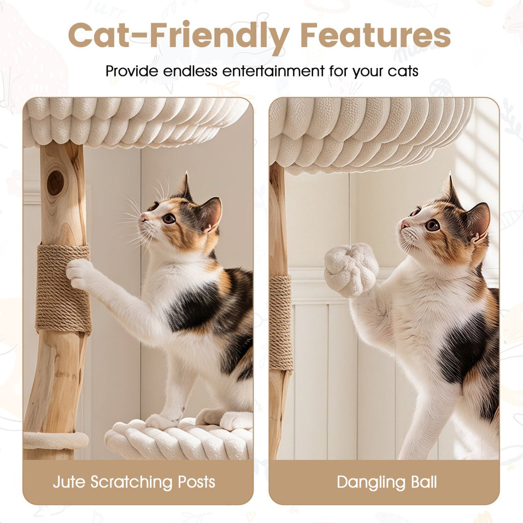41 Inch Cat Tree with Ribbed Cream Plush and Real Pear Wood Branches