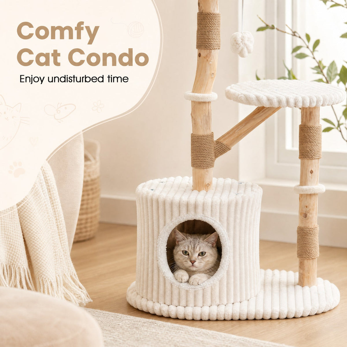 41 Inch Cat Tree with Ribbed Cream Plush and Real Pear Wood Branches
