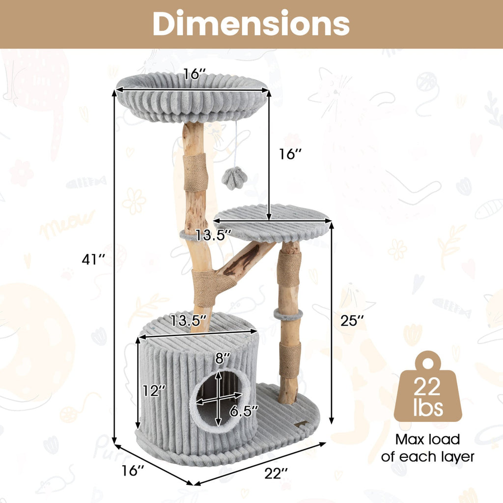 Grey Ribbed Cat Tree 41 Inches with a Round Condo and Branch Platform