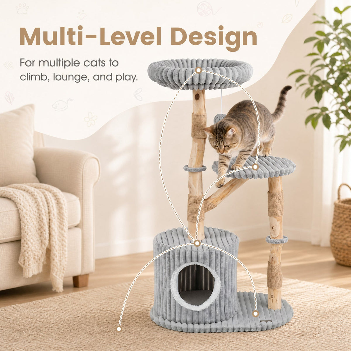 Grey Ribbed Cat Tree 41 Inches with a Round Condo and Branch Platform