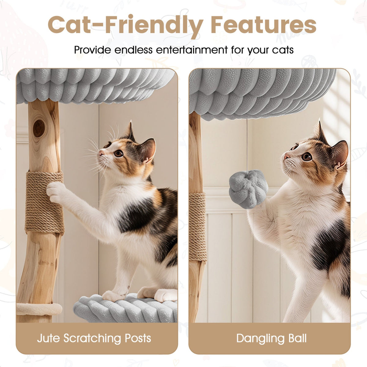 Grey Ribbed Cat Tree 41 Inches with a Round Condo and Branch Platform